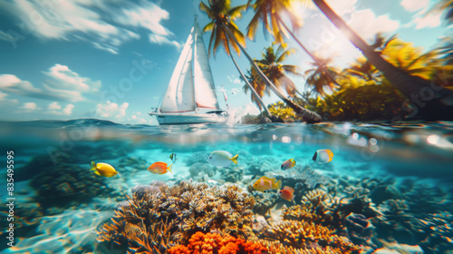Sailing boat above and sea life fishes with coral beneath underwater in sea. photo