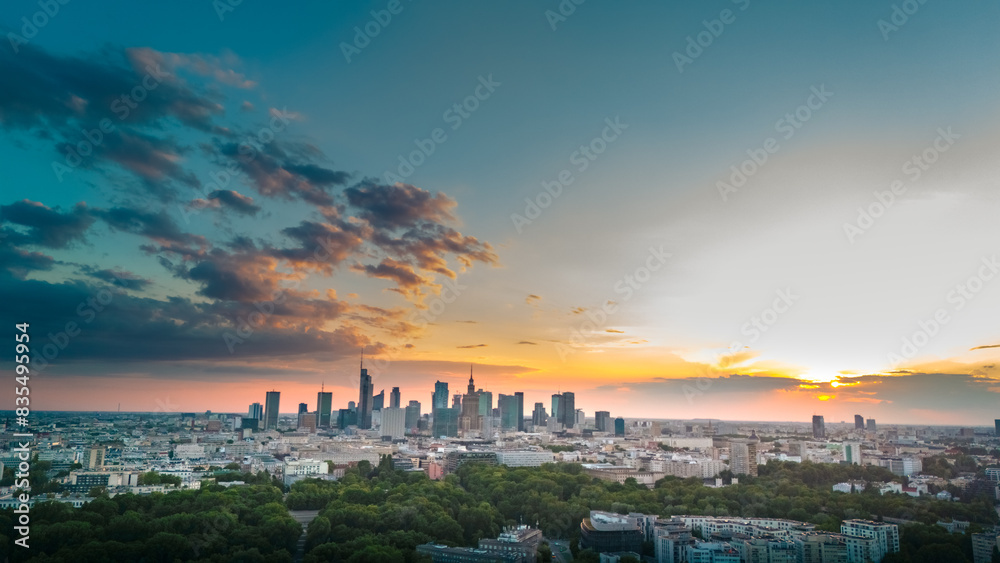 aerial view of warsaw at sunset in spring in poland aerial view of warsaw at sunset in spring in poland