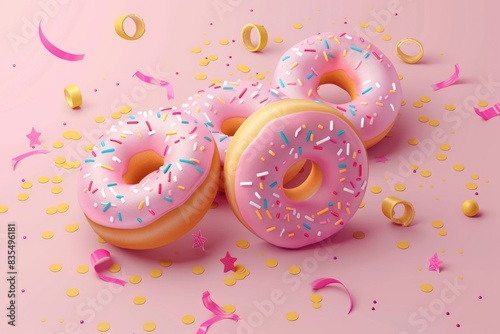 Three colorful donuts with sprinkles and confetti on a pink background, perfect for food or party themed images