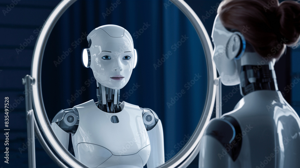 robot watches at the mirrow in the room, blurred background. Artificial intelligence in the future life. AI Generated robot watches at the mirrow in the room, blurred background. Artificial intelligence in the future life. AI Generated