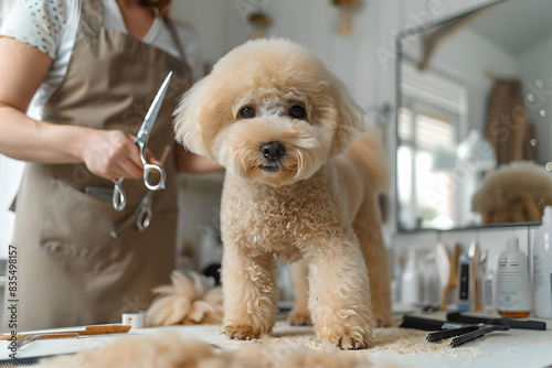 Groomed dog maltipoo standing on grooming table, surrounded by professional tools like scissors, brushes, blow dryer. The scene is brightly lit with white walls and large mirror reflecting the light