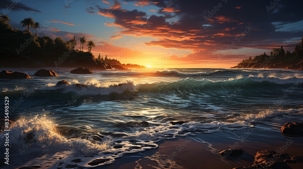 Fototapeta premium Breathtaking Sunset Over a Tranquil Beach with Crashing Waves