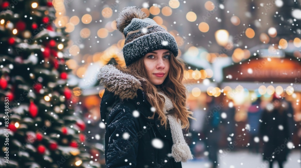 A woman stands near a decorated Christmas tree, perfect for holiday-themed images or family gatherings A woman stands near a decorated Christmas tree, perfect for holiday-themed images or family gatherings
