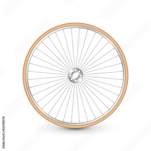 Realistic 3d retro bicycle wheel. Bike rubber tire, shiny metal spokes and rim. Fitness cycle, touring, sport, road and mountain bike. Vector illustration