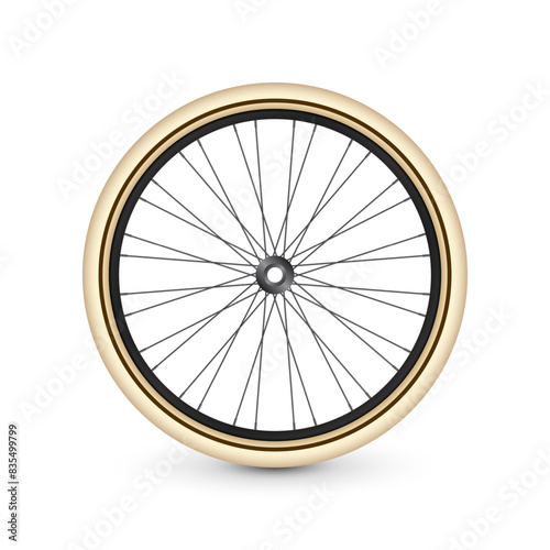 Realistic 3d retro bicycle wheel. Bike rubber tire, shiny metal spokes and rim. Fitness cycle, touring, sport, road and mountain bike. Vector illustration
