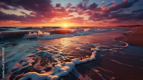 Breathtaking Sunset Over a Tranquil Beach with Rolling Waves