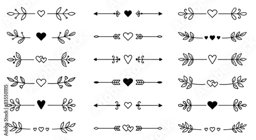 Text dividers with hearts doodle set. Wedding decorative elements. Divider ornament, borders, lines. Hand drawn vector illustration isolated on white background