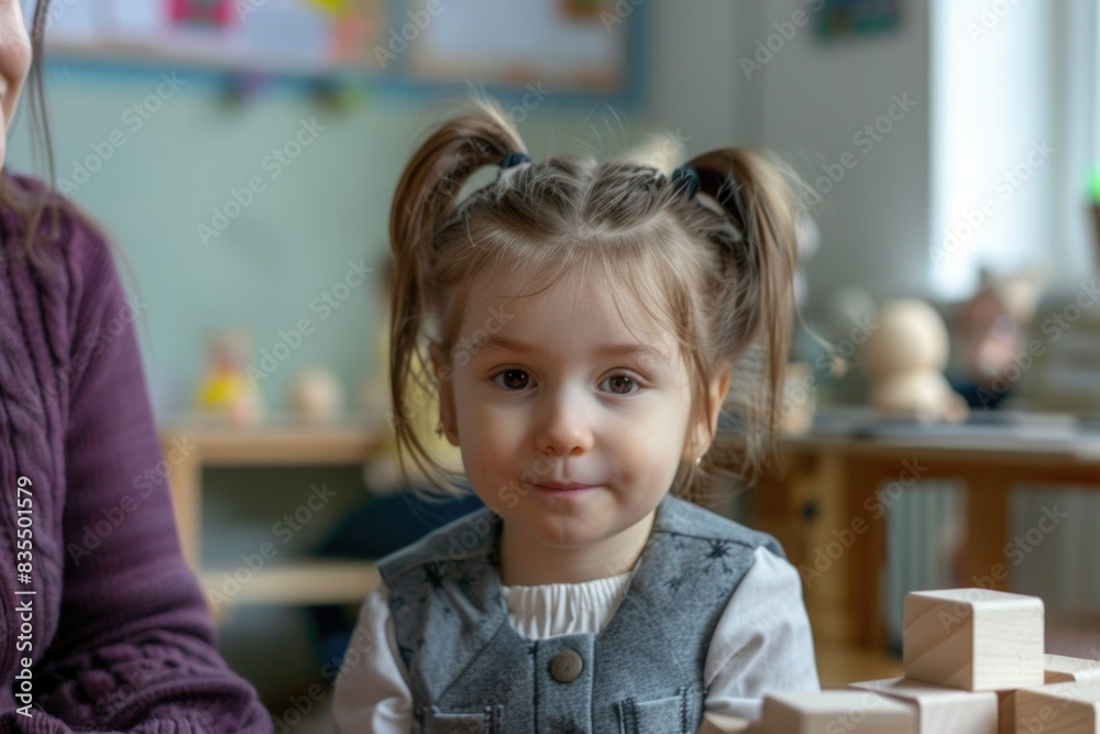 child girl in kindergarten plays educational game with wooden toy cubes. Educator. Mother. Activities for child development. child girl in kindergarten plays educational game with wooden toy cubes. Educator. Mother. Activities for child development.