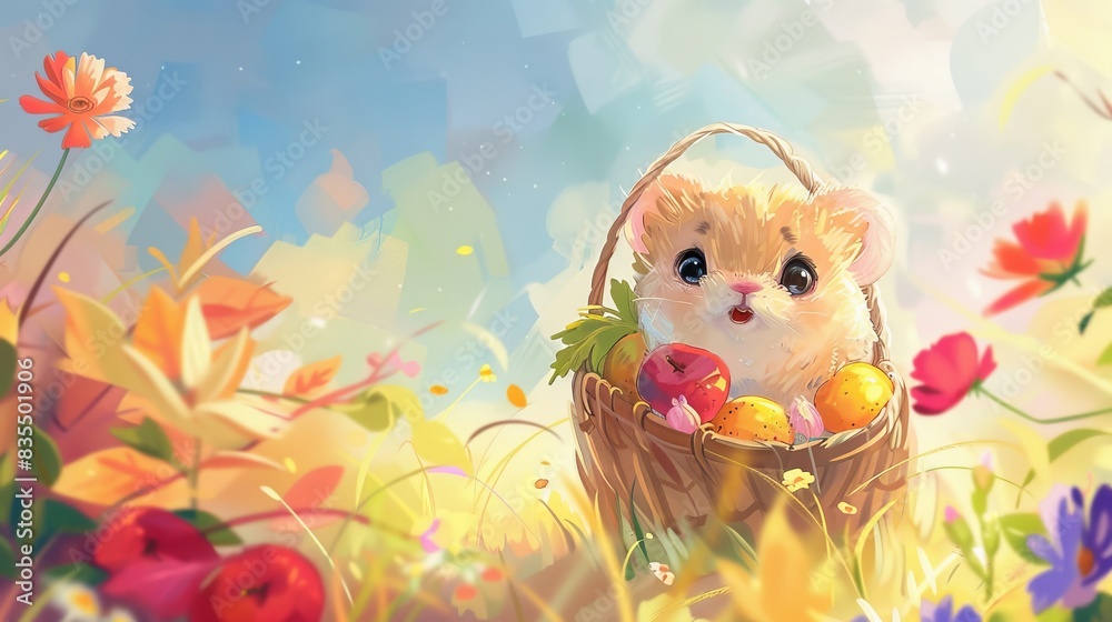 A hamster is sitting in a basket in a field of flowers