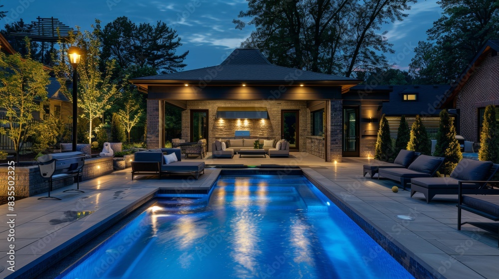 Swimming pool of a large mansion at dusk. Swimming pool of a large mansion at dusk.