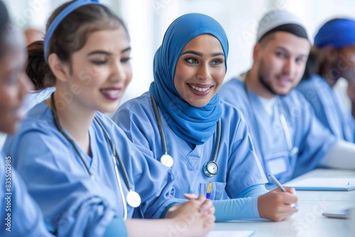 Students from a variety of medical fields learning and discussing in a library at a university