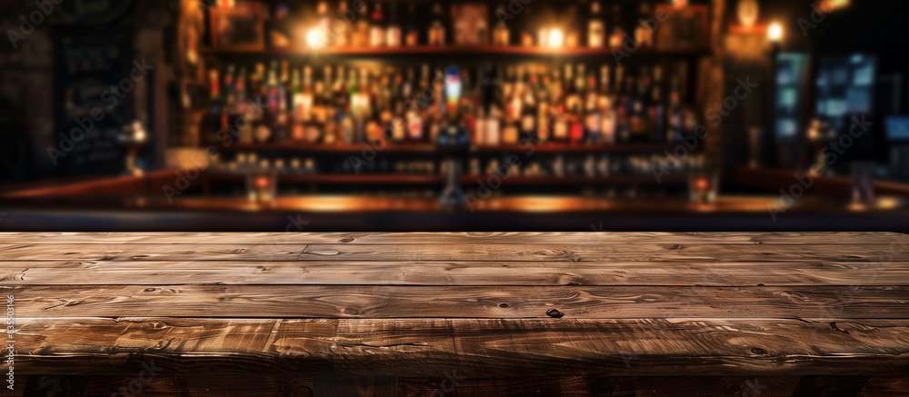 desk of wood and bar, blurred background desk of wood and bar, blurred background