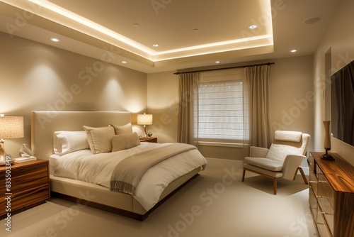 A serene bedroom with a recessed ceiling highlighted by ambient lighting  elegant natural wood finishes on the furniture  and a stylish corner armchair with a modern design.