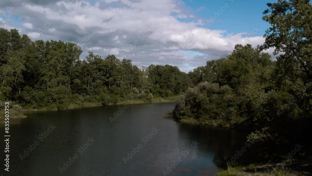 Peaceful Lakeside Drone Shot with Lush Green Forest Peaceful Lakeside Drone Shot with Lush Green Forest