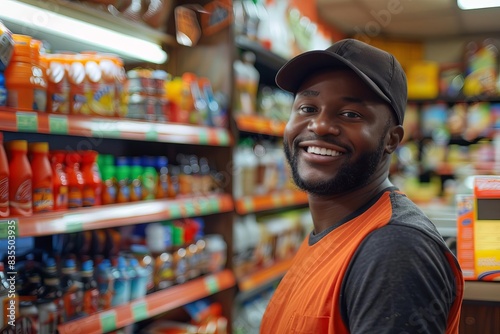 friendly convenience store attendant smiling and posing for camera excellent customer service and small business concept retail worker portrait © Lucija