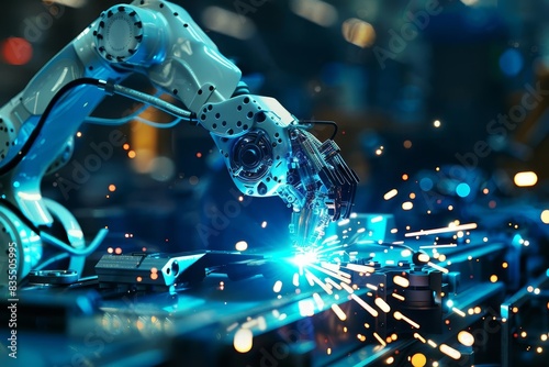 futuristic ai robot arm welding in modern industrial factory with blue sparks and latest technology 3d illustration