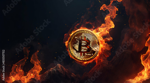 bit coin with fire black background. Genrative.ai 