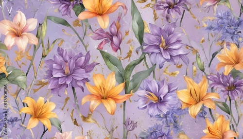 Flowers in the style of a lot of mixed watercolor with metallic jewelry  