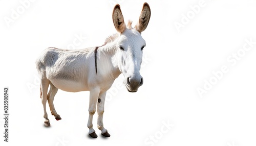 donkey or wild jack ass - Equus africanus asinus - a domesticated equine and used mainly as work  draught or pack animals. cute full body looking at camera  isolated on white background