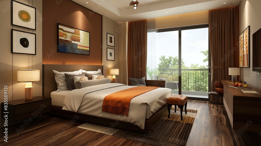 Stylish room interior with large bed near brown wall . Generative Ai Stylish room interior with large bed near brown wall . Generative Ai