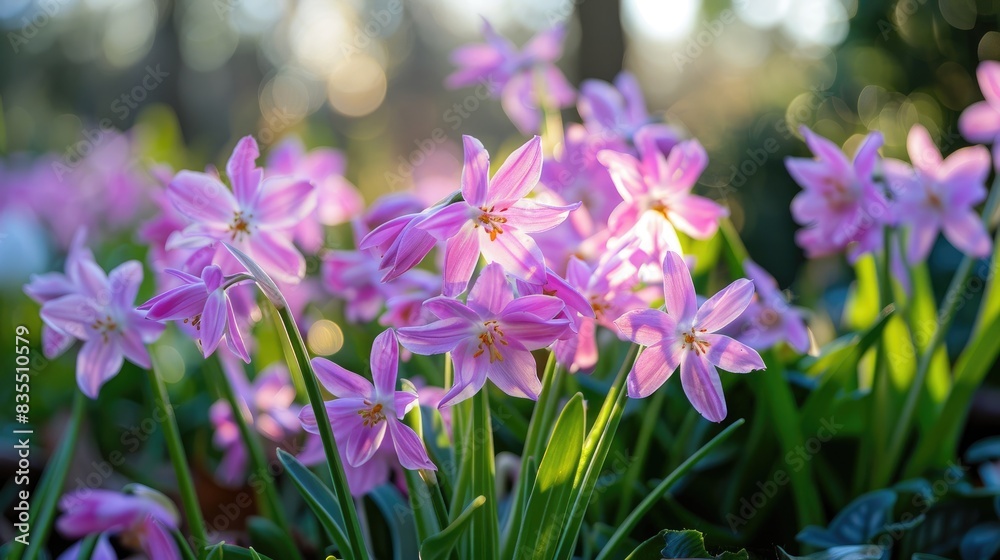 Close up of Pink Chionodoxa Lucilia in the garden in early spring Close up of Pink Chionodoxa Lucilia in the garden in early spring