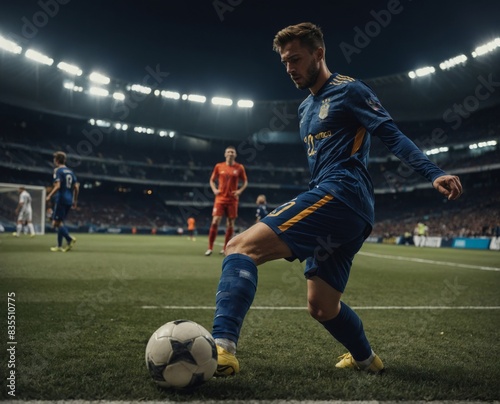 Focused soccer player controlling the ball on the pitch with a dynamic stadium background