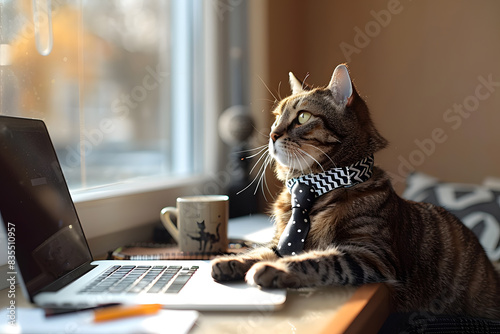 Cat businessman with black and white tie on modern office desk with laptop  sunlight streaming through a window. Neutral-colored office space with minimalistic decor  a coffee cup  and a notepad