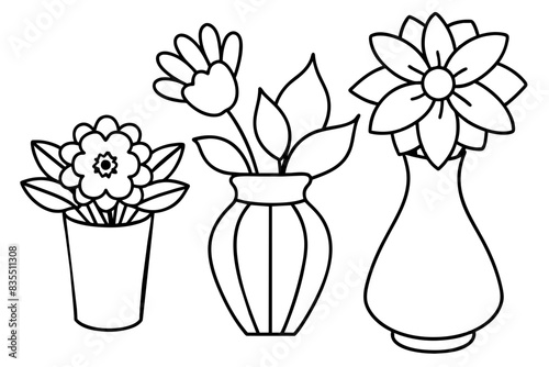 whimsical line art looking flowers in vases vector illustration 