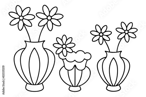 whimsical line art looking flowers in vases vector illustration 