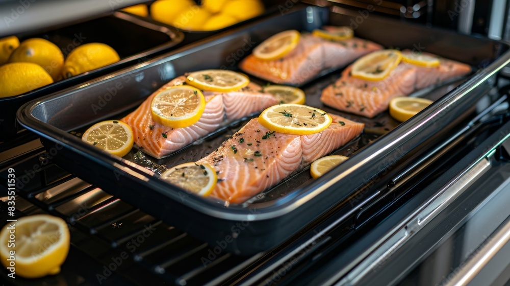 Baking Tray with Salmon and Lemon Slices Ready for the Oven