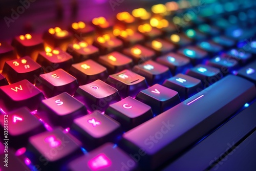 Close up of a backlit mechanical keyboard in a dimly lit environment photo