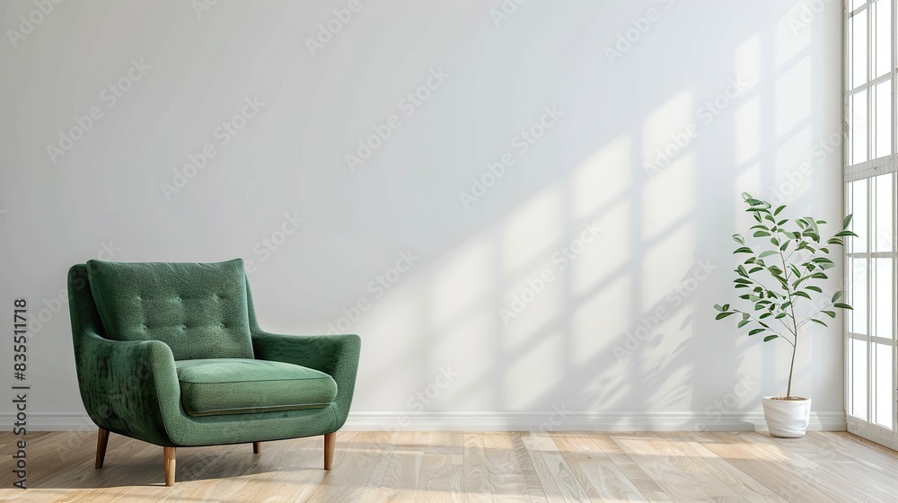Room interior has green armchair on empty white wall background. Generative Ai Room interior has green armchair on empty white wall background. Generative Ai