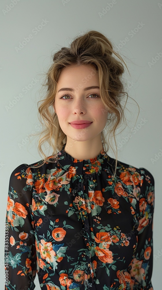 Young Woman in Floral Dress, Smiling Girl Against Grey Background, Portrait of Cheerful Female, Elegant Long Sleeve Outfit, Fashionable Youth, Natural Beauty, Studio Shot Young Woman in Floral Dress, Smiling Girl Against Grey Background, Portrait of Cheerful Female, Elegant Long Sleeve Outfit, Fashionable Youth, Natural Beauty, Studio Shot