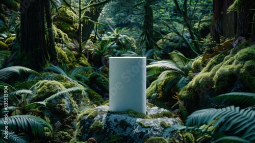 A stone monolith stands on a moss-covered rock in a lush, dense forest filled with ferns and towering trees under daylight. photo