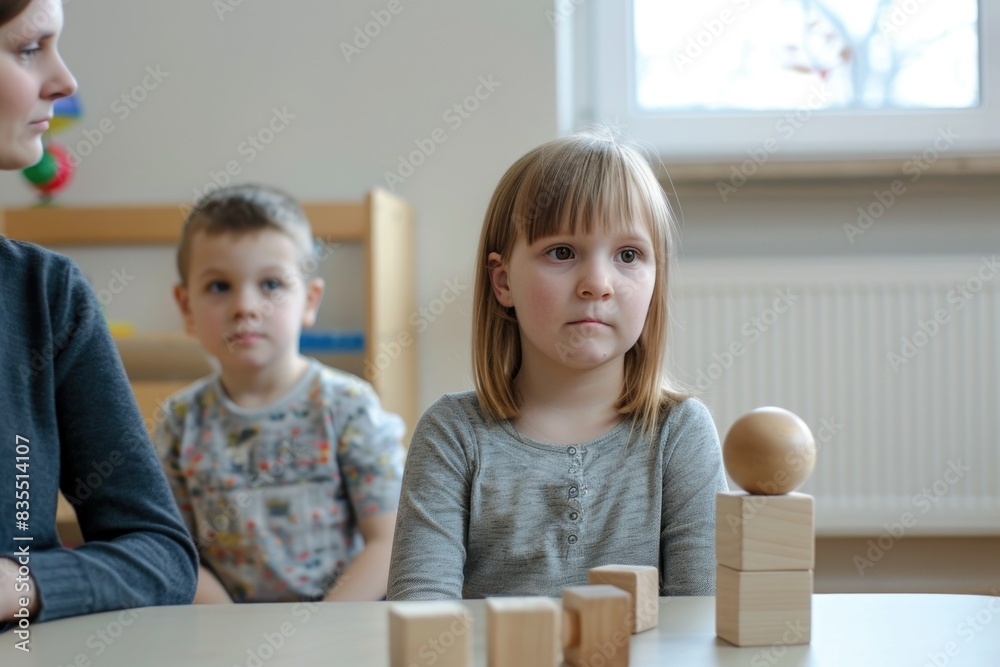 child girl in kindergarten plays educational game with wooden toy cubes. Educator. Mother. Activities for child development. child girl in kindergarten plays educational game with wooden toy cubes. Educator. Mother. Activities for child development.