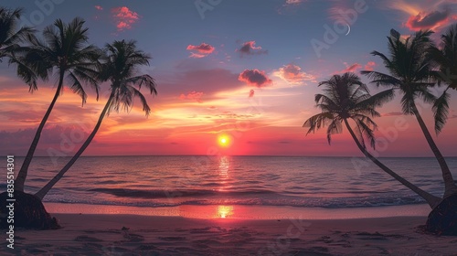 During sunset time with coconut Palm Trees background on the Beach silhouette