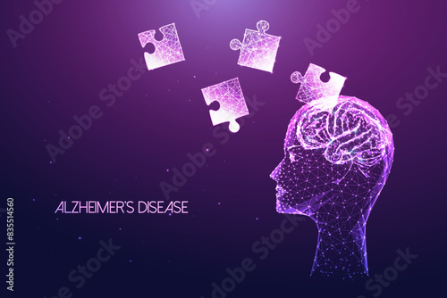 Alzheimer's disease futuristic concept with human head and brain, puzzle pieces falling in