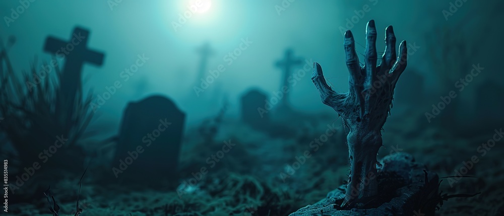 A zombie's hand emerges from the misty cemetery, reaching out from its grave A zombie's hand emerges from the misty cemetery, reaching out from its grave