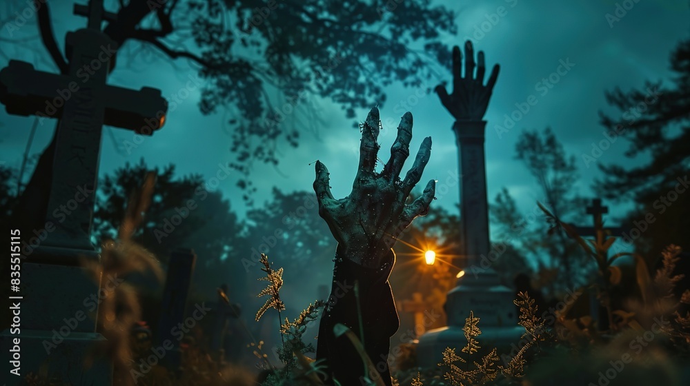 A zombie's hand emerges from the misty cemetery, reaching out from its grave A zombie's hand emerges from the misty cemetery, reaching out from its grave