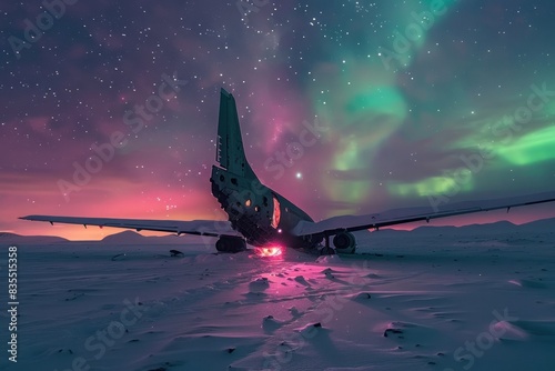 Northern lights over plane wreckage in