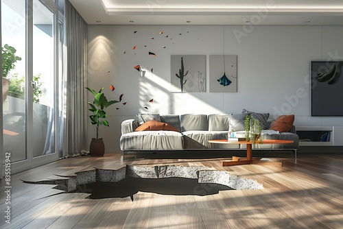 gaping hole in modern apartment living room floor surreal architectural concept illustration photo