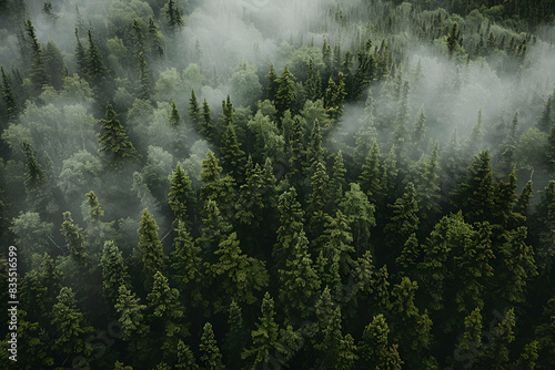 The foggy forest beneath an aerial view displays trees cloaked in mist