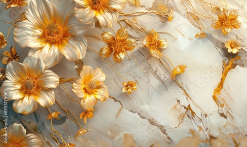 Fototapeta Naklejka Na Ścianę i Meble -  3d render, abstract background with white paper flowers and golden leaves, floral botanical wallpaper