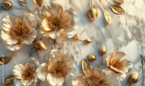 3d render, abstract background with white paper flowers and golden leaves, floral botanical wallpaper