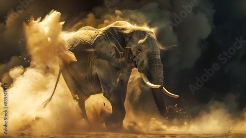 large elephant plays in the dust on a sunny day