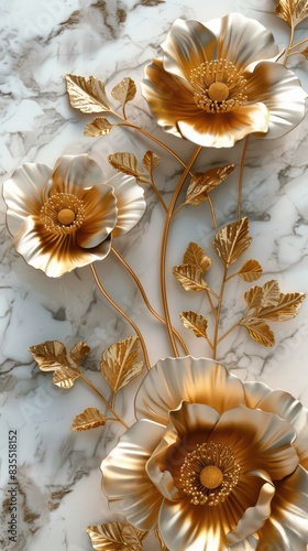 3d render, abstract background with white paper flowers and golden leaves, floral botanical wallpaper © Ibad