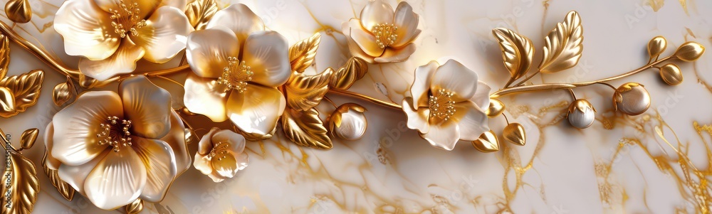 3d render, abstract background with white paper flowers and golden leaves, floral botanical wallpaper 3d render, abstract background with white paper flowers and golden leaves, floral botanical wallpaper