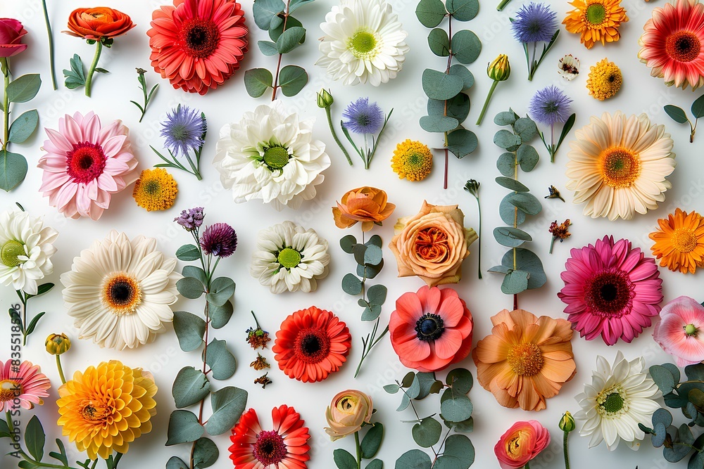 A white table topped with lots of different colored flowers A white table topped with lots of different colored flowers
