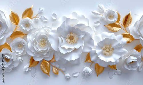Fototapeta Naklejka Na Ścianę i Meble -  3d render, abstract background with white paper flowers and golden leaves, floral botanical wallpaper