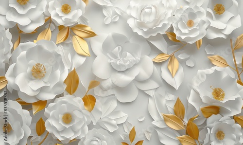 Fototapeta Naklejka Na Ścianę i Meble -  3d render, abstract background with white paper flowers and golden leaves, floral botanical wallpaper